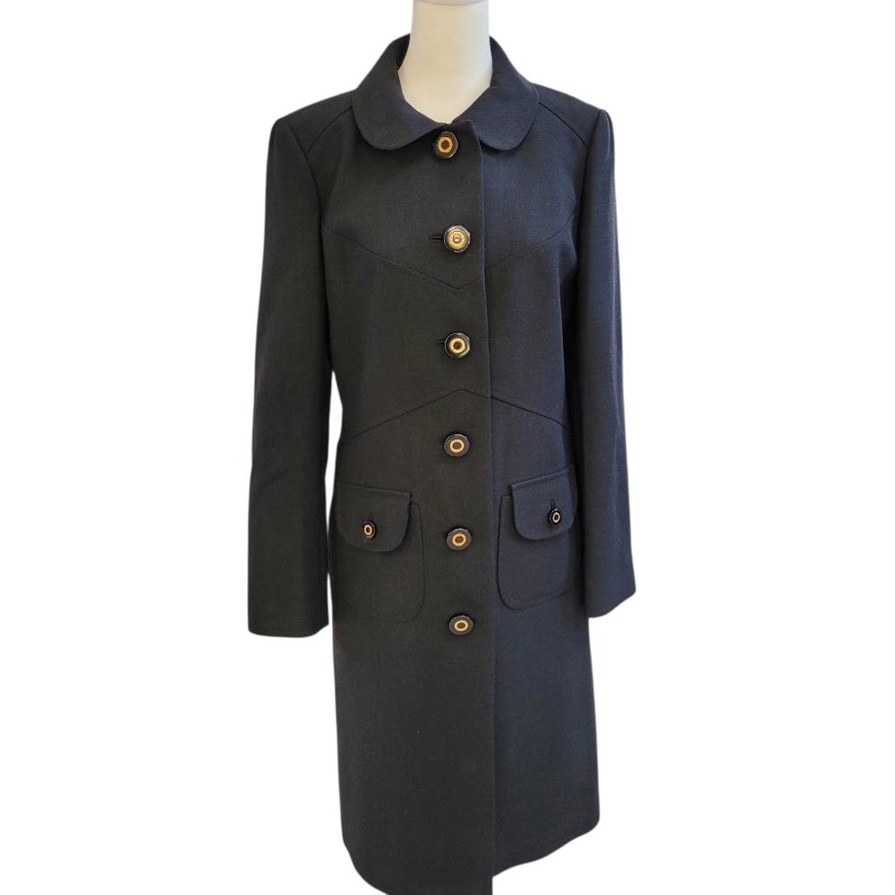 Tory Burch Black Peter Pan Collar Logo Buttons Wool Blend Trench Coat Size 6